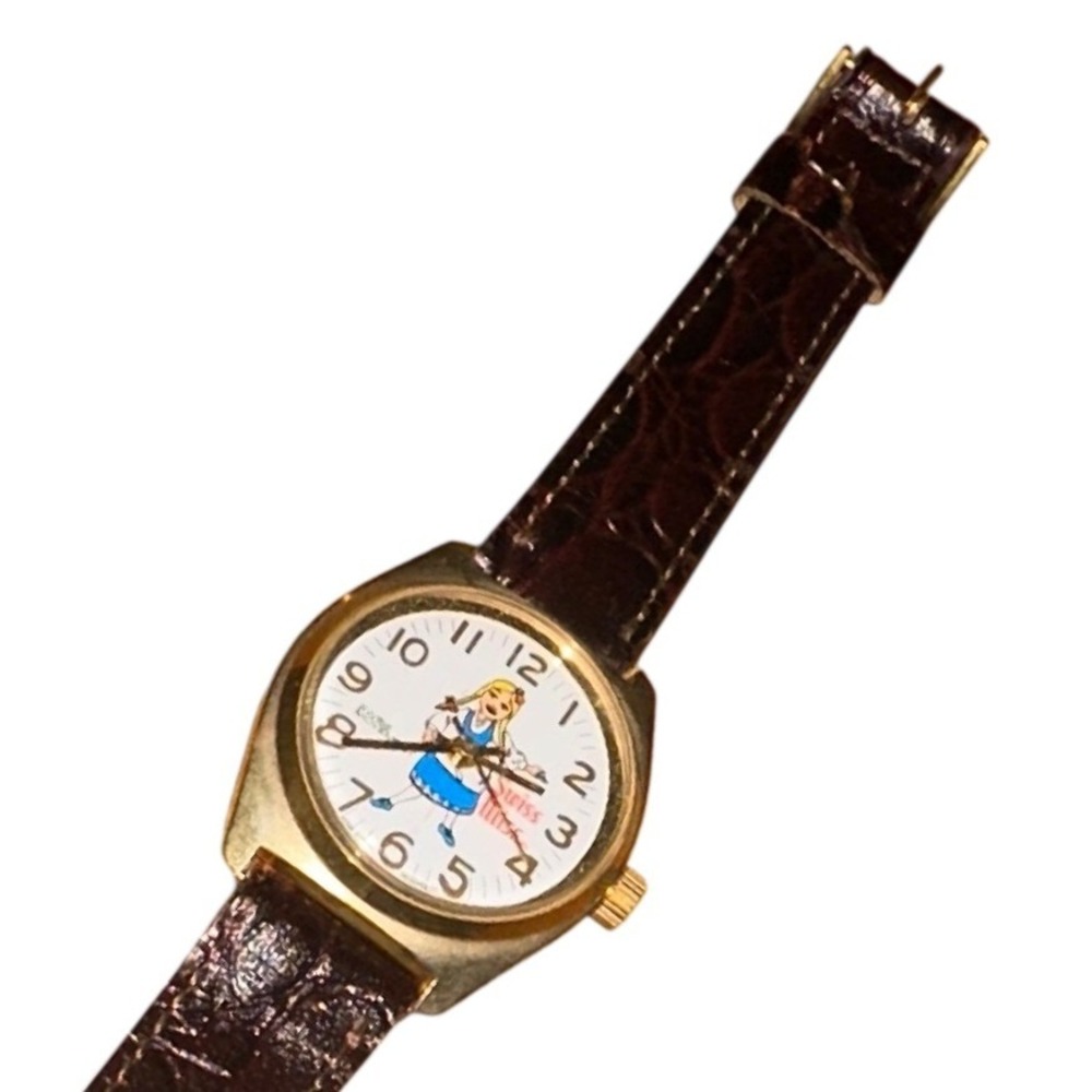 Vintage Swiss Miss Character Watch Gold Tone Swiss Movement Brown Leather Strap